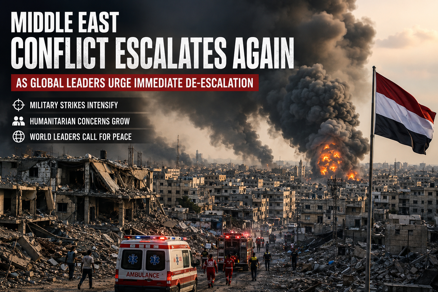 Smoke rises over a city skyline in the Middle East following renewed military strikes as emergency services respond to the aftermath.